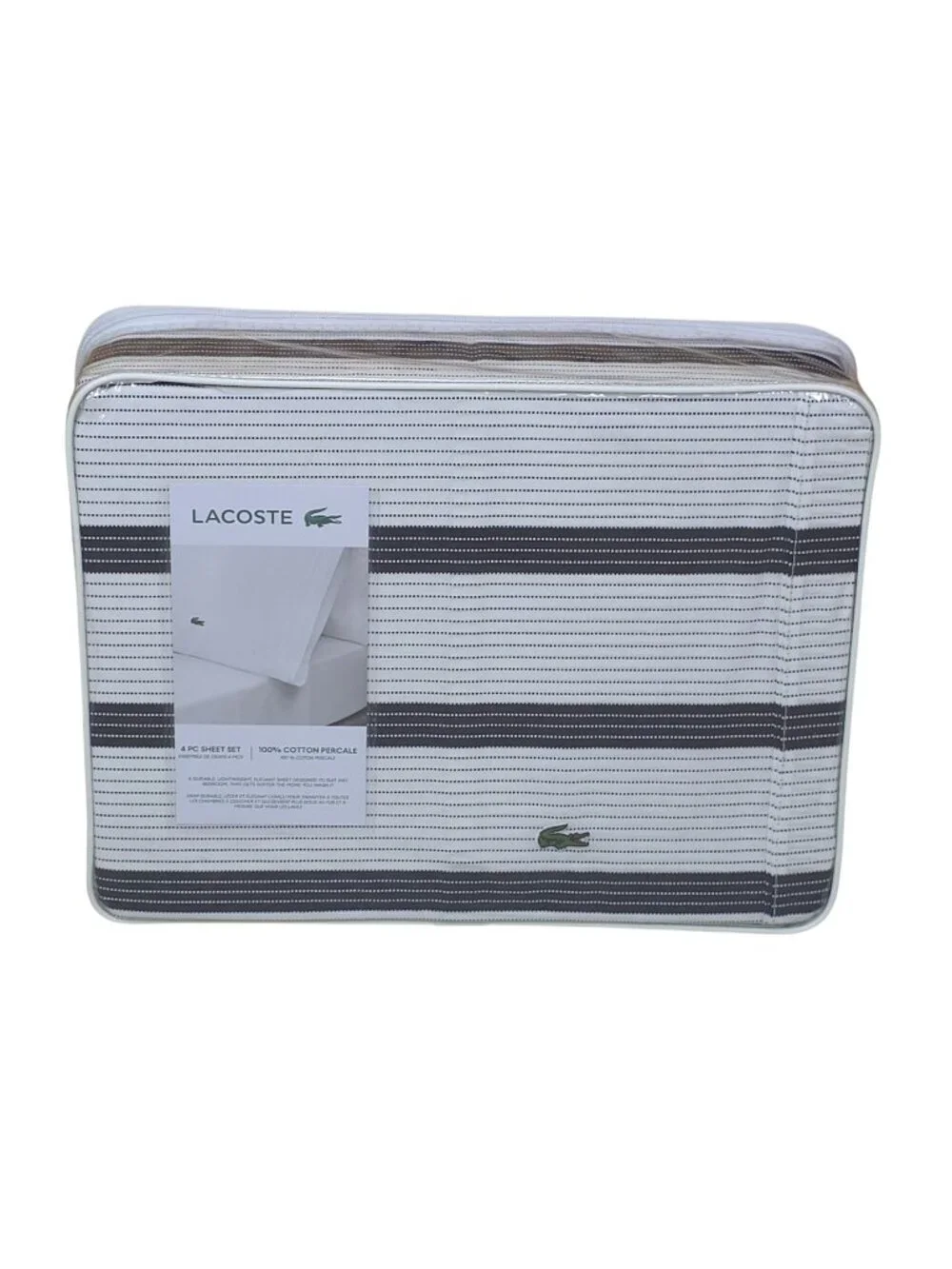 Lacoste King 4 Piece Cotton Percale Sheet Set Archive Phantom Stripe Black White